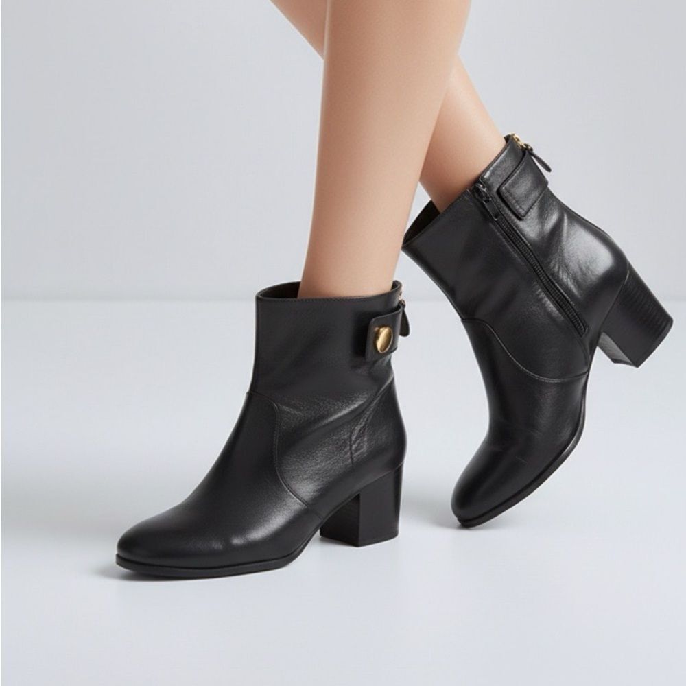 Nine West Women’s 9M Black Leather Ankle Booties Block Heel Zip + Snap Like New